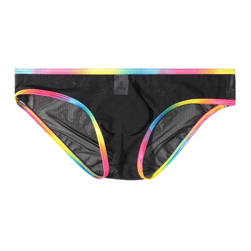 Mesh transparent women's briefs in multiple colours showing knitted nylon fabric.