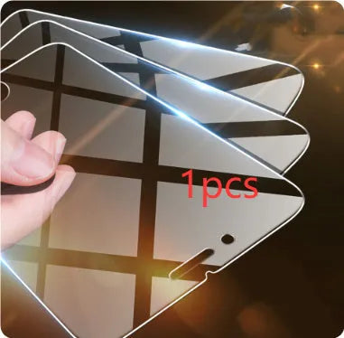 Tempered glass screen protector for iPhone models, shown in transparent colour with fine hole design.