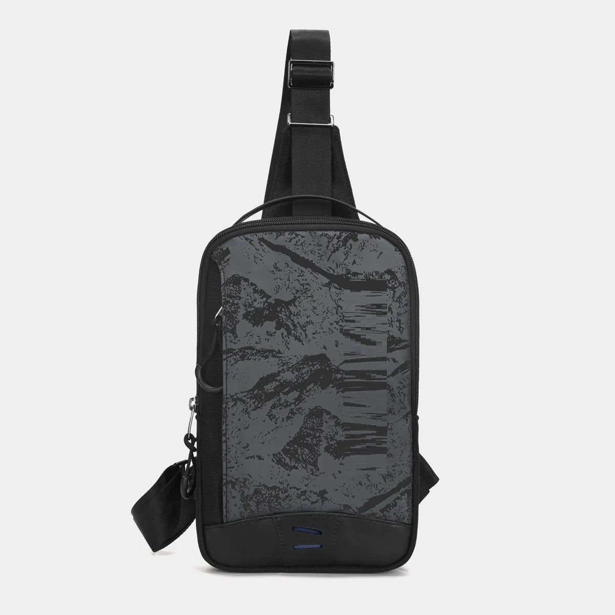 Casual black camouflage chest pack with a soft handle and single strap, showing internal phone pocket.