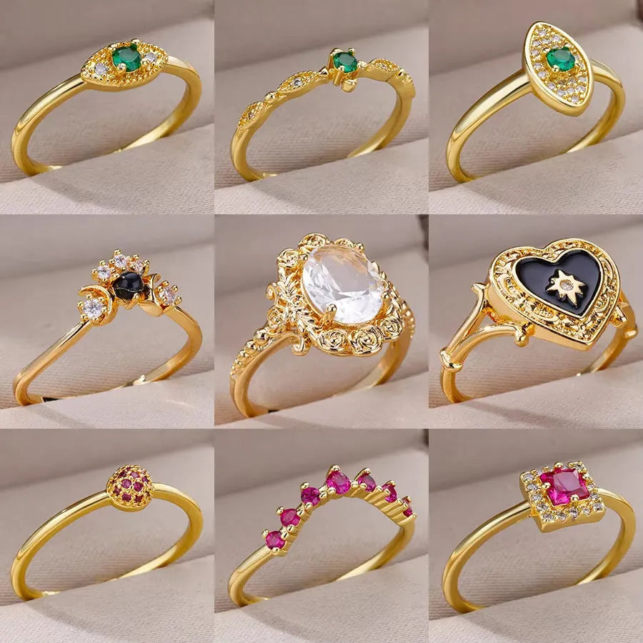 Adjustable 18K gold plated love emerald ring with synthetic zircon for women, open mouth copper design