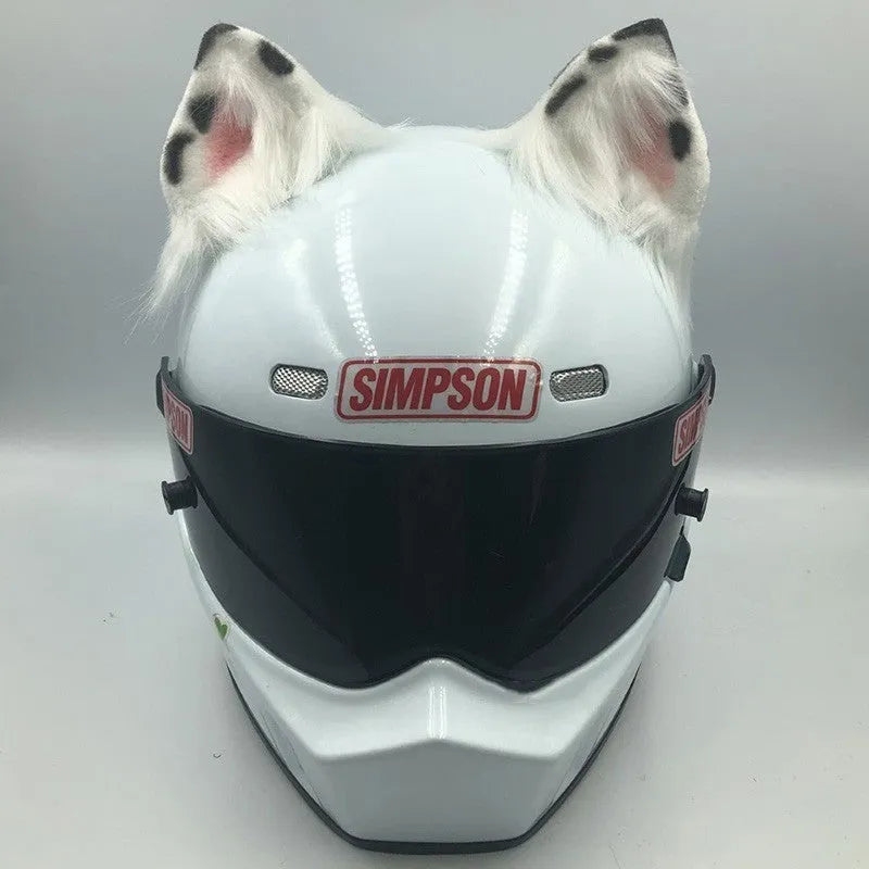 Set of detachable animal ears and tail ornament for motorcycle helmet, shown in black and white wolf design.