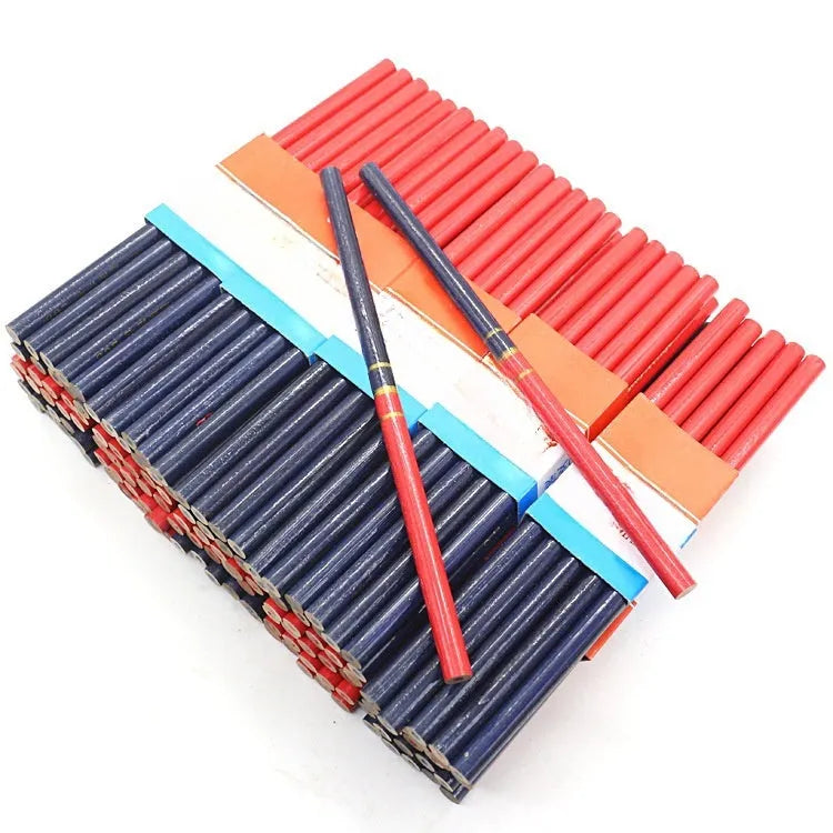 Red and blue two-colour carpenter's pencil with round wooden design, 10-piece pack