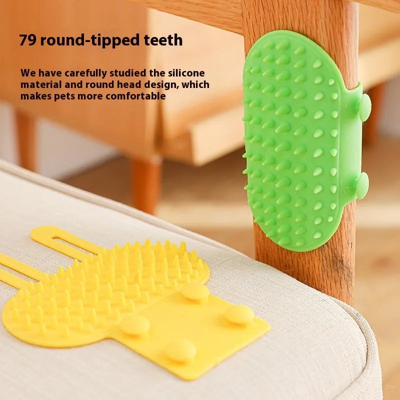 Silicone cat grooming comb with adjustable strap mounted on a furniture leg