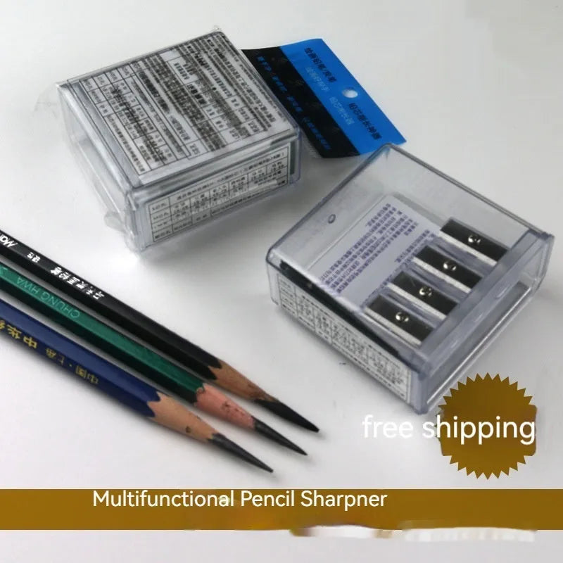 Geometric plastic pencil sharpener with four holes, four blades, and an integrated screwdriver.