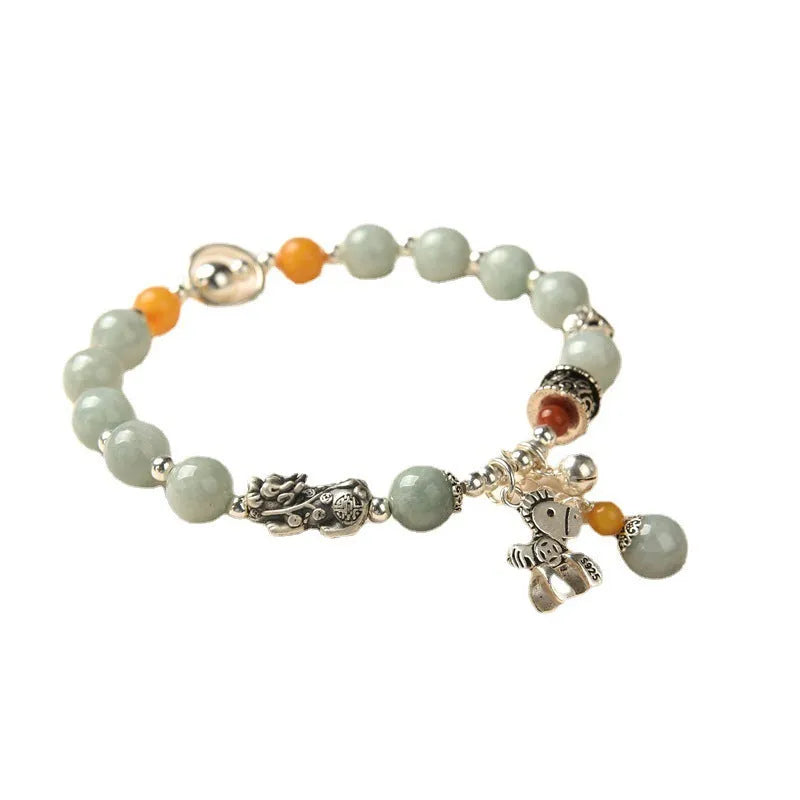 Natural emerald vintage bracelet with jade stone and antique alloy setting in retro style