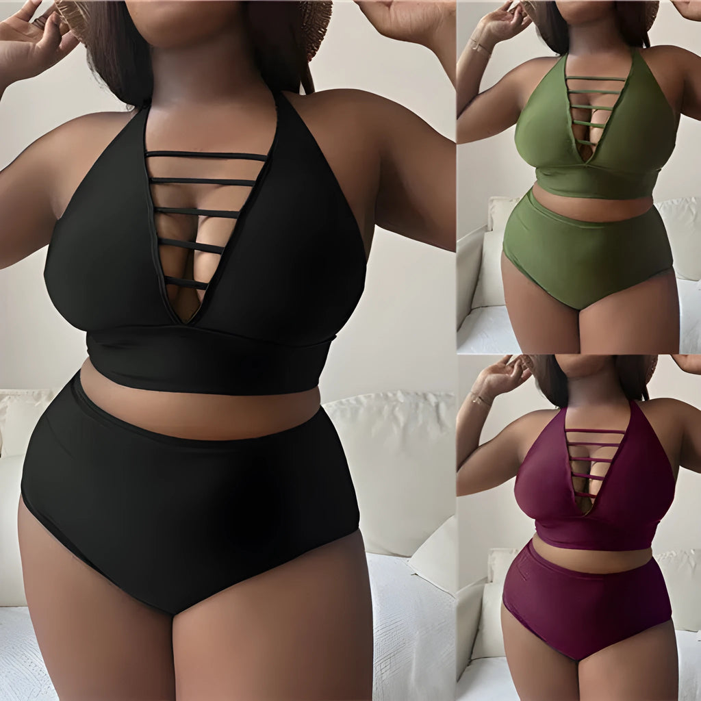 Plus size women's halter bikini with adjustable cross straps and high-waisted briefs in solid colour