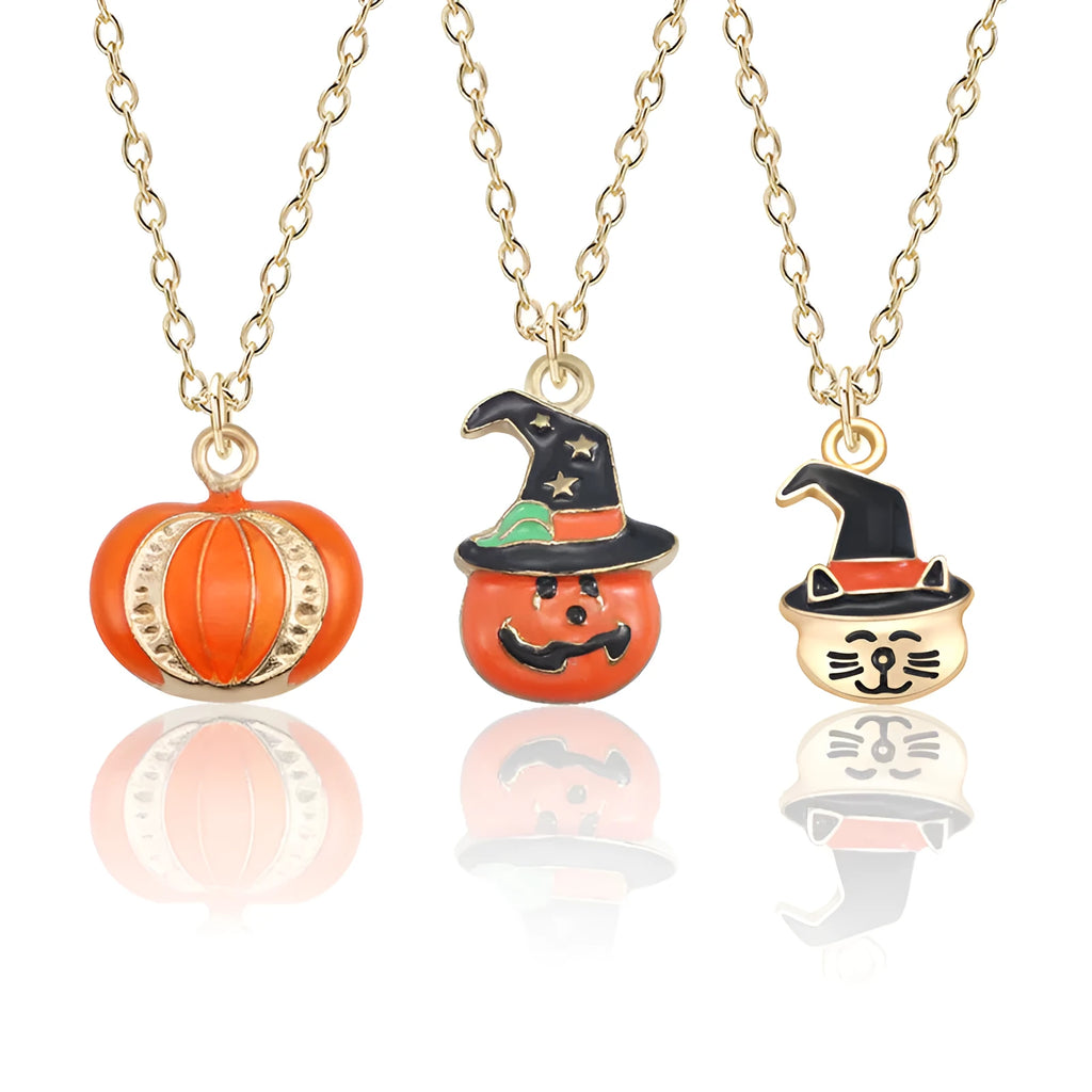 Halloween oil drop pumpkin cat pendant necklace on adjustable 45 plus 5cm alloy chain with electroplated finish