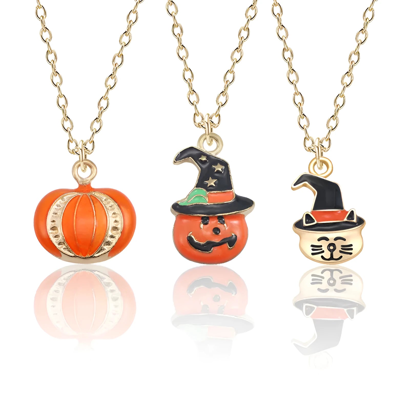 Halloween oil drop pumpkin cat pendant necklace on adjustable 45 plus 5cm alloy chain with electroplated finish