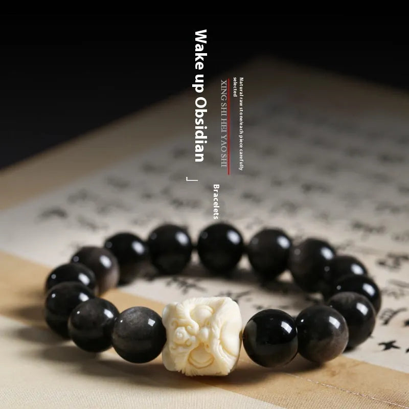 Obsidian single circle prayer beads bracelet for men with chamfered square grain detailing