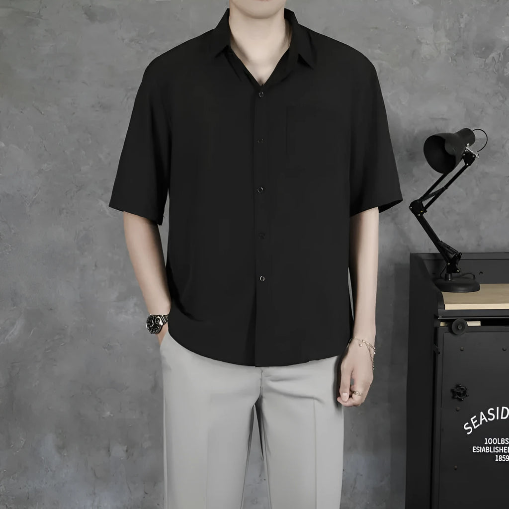 Men's summer casual shirt cotton blend loose fit wrinkle-free treatment solid colour