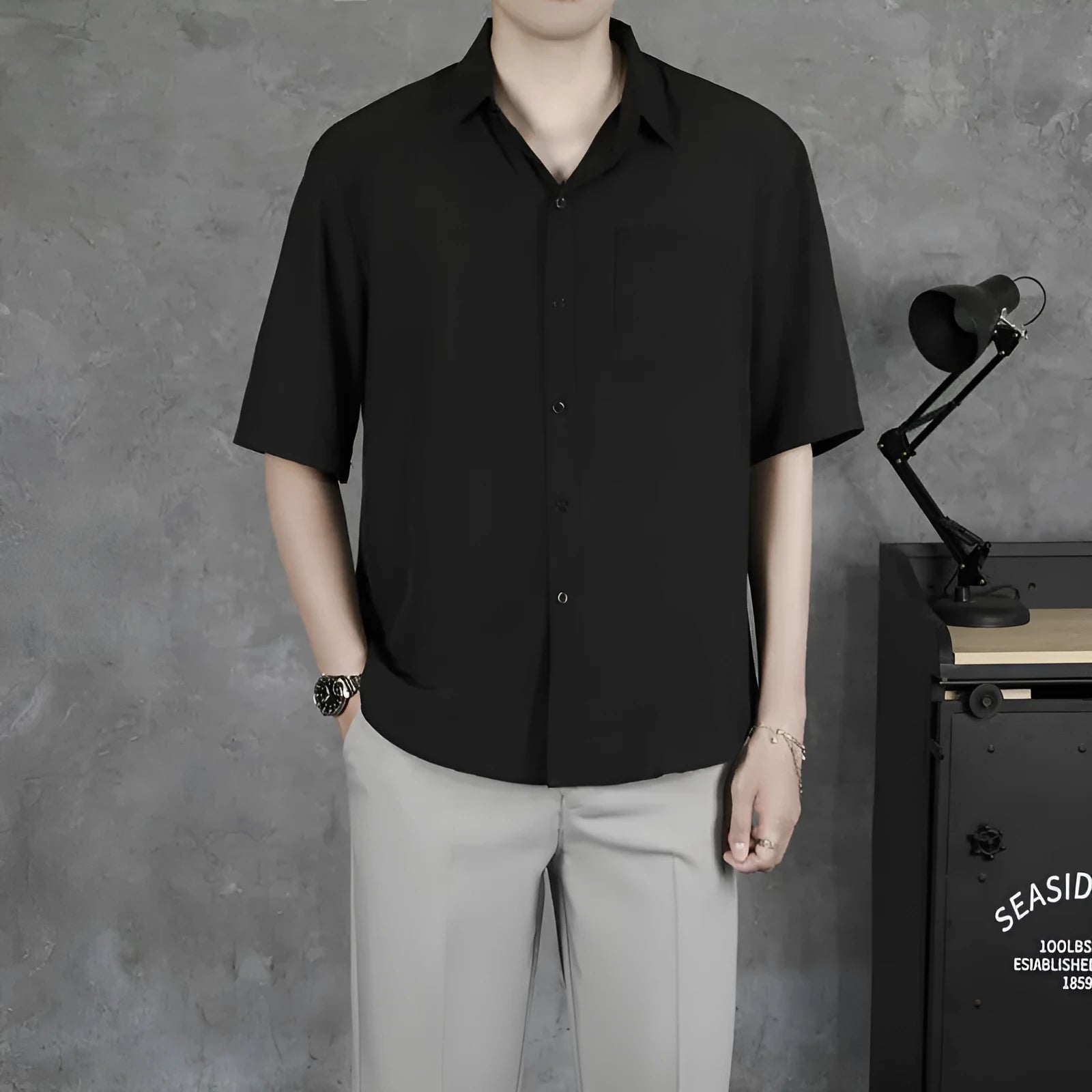 Men's summer casual shirt cotton blend loose fit wrinkle-free treatment solid colour