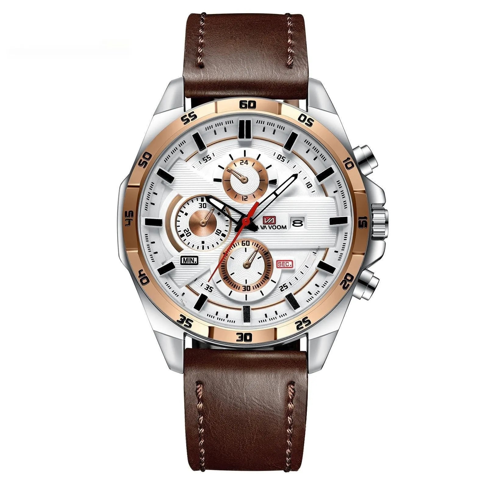 Men's casual quartz watch with business calendar on dial, showing black leather strap and rose gold case option.