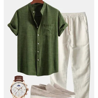 Men's blue slim-fit stand collar short-sleeved shirt with 3D digital printing, paired with trousers and shoes from the coordinated set.