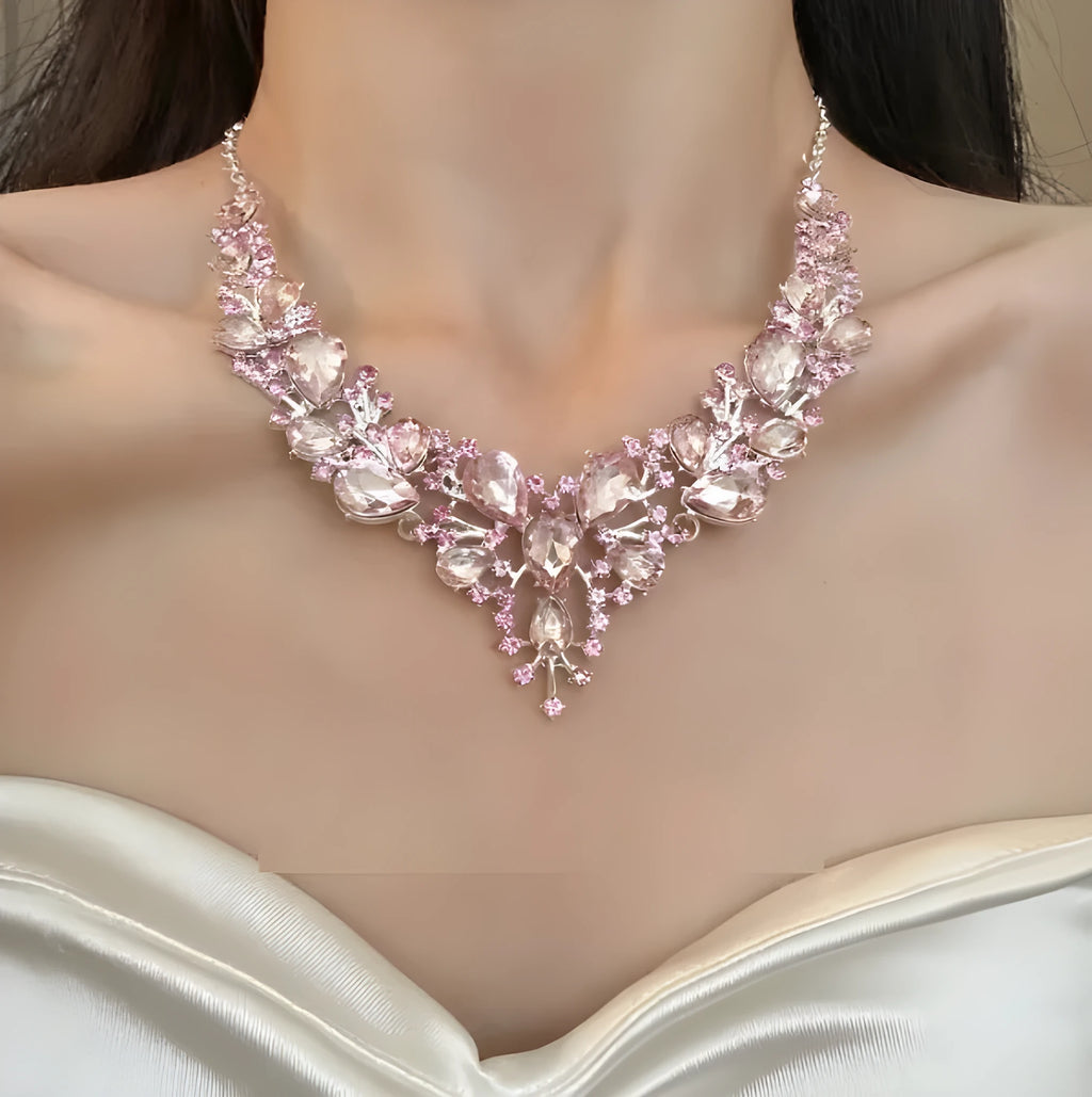 Pink rhinestone flower drop pendant necklace on an electroplated alloy ball bead chain, 31-40cm perimeter