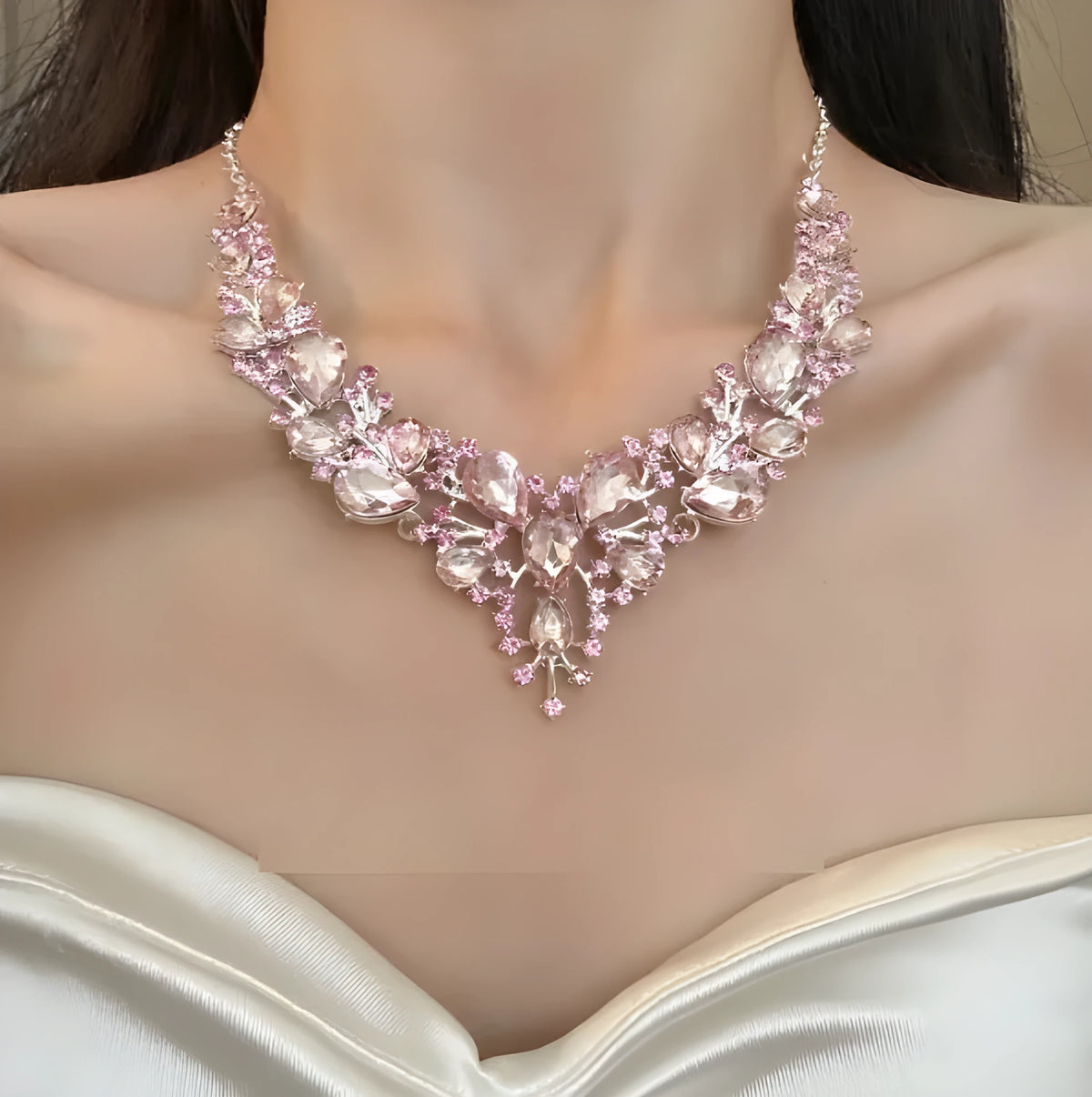 Pink rhinestone flower drop pendant necklace on an electroplated alloy ball bead chain, 31-40cm perimeter