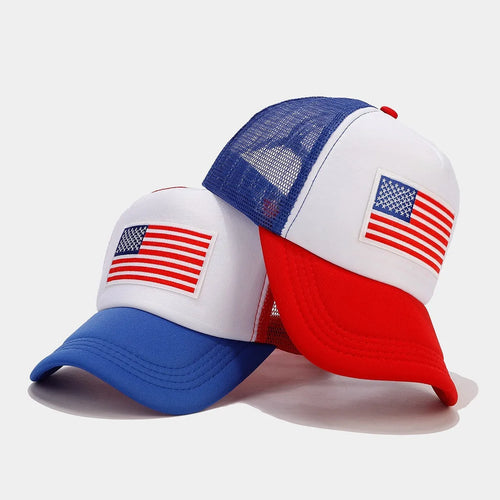 Red and blue contrast mesh baseball cap with adjustable strap and dome crown