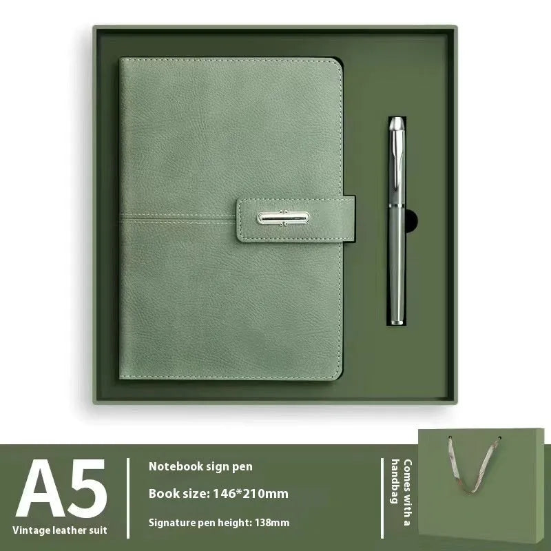 A5 notebook with PU leather cover in choice of colour, shown open on wood-free paper pages.