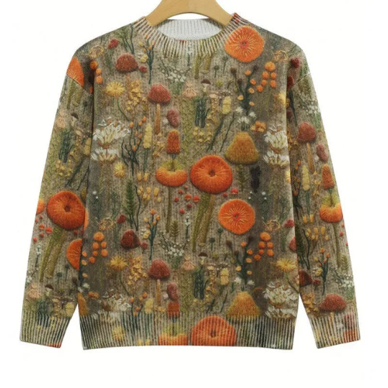 Women's little flower digital printed round neck long sleeve knitted sweater on a hanger.