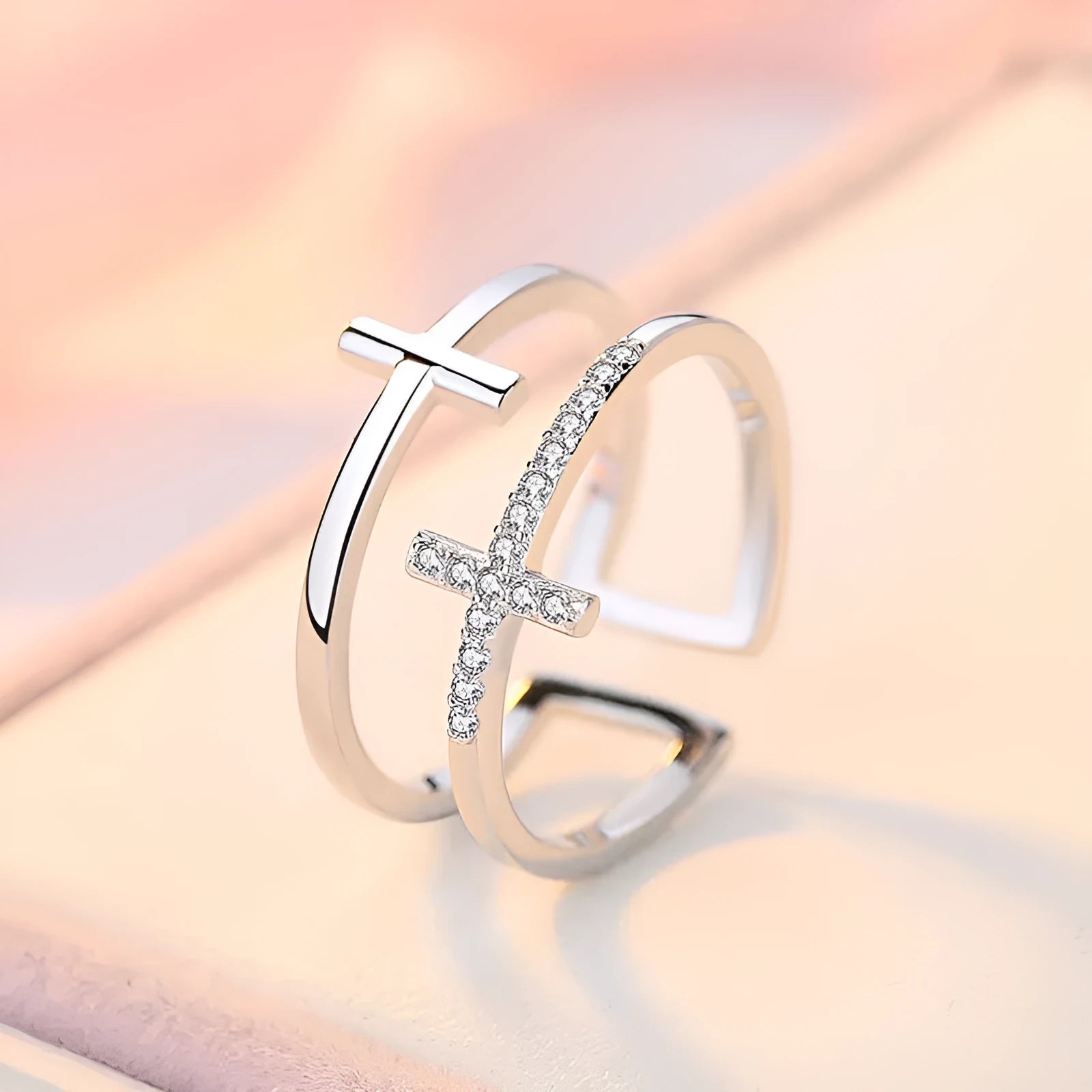 Women's miniature geometric copper ring with adjustable open design and inlaid zircon stones.