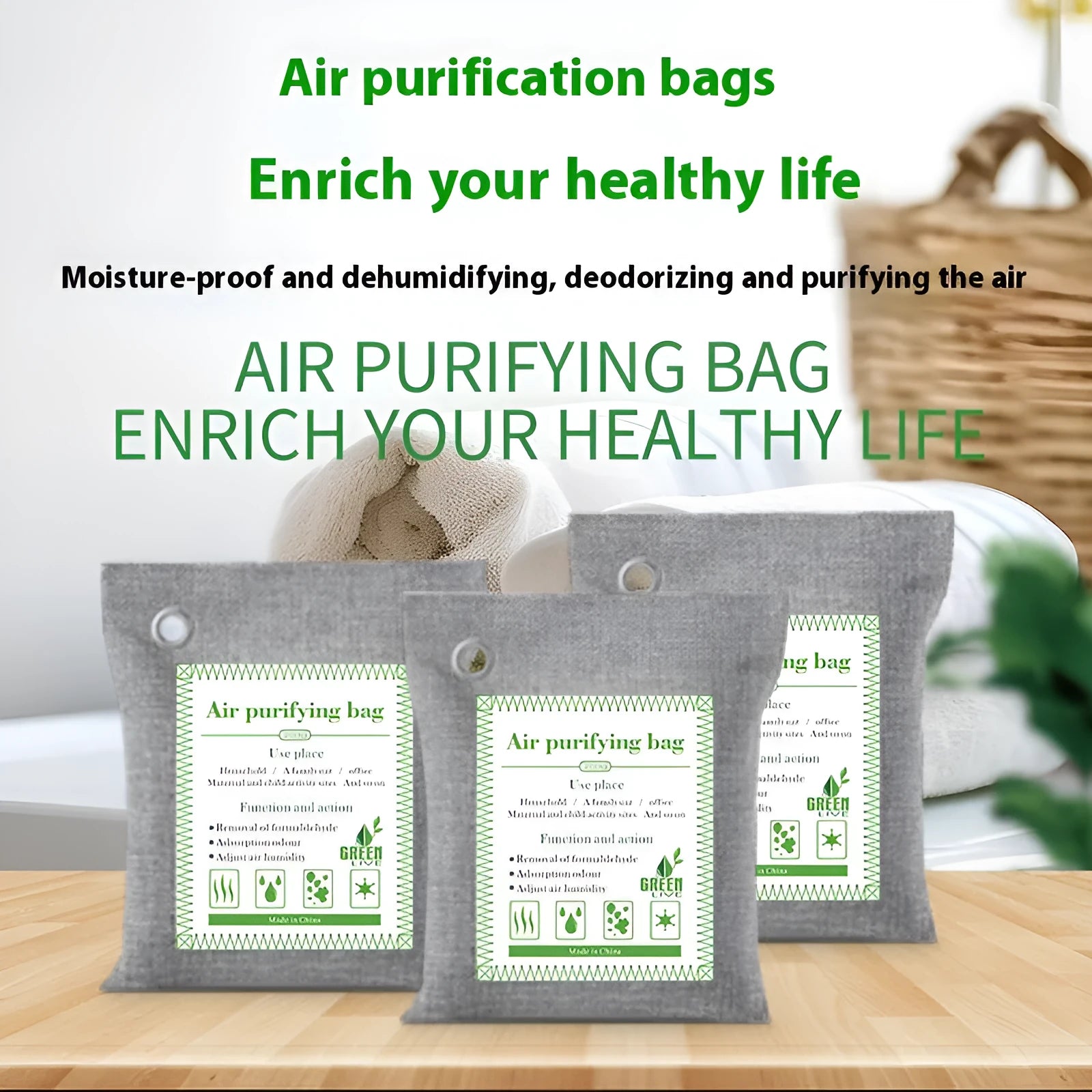 Activated bamboo charcoal bag for formaldehyde removal and air purification in household settings.