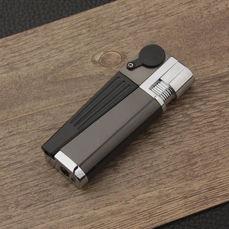 Foldable metal pipe lighter showing stash compartment and lighter mechanism in zinc alloy construction
