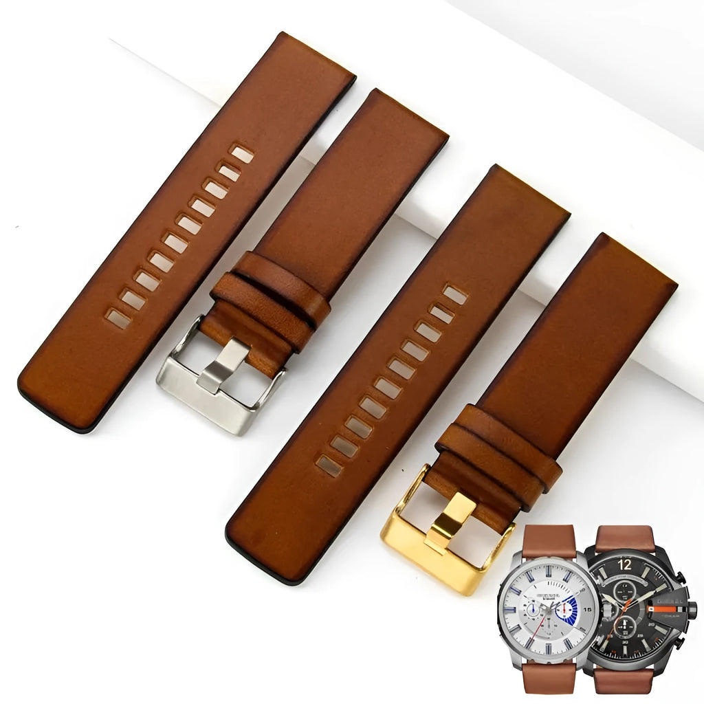 Retro brown genuine leather watch band in 22mm 24mm or 26mm with steel black rose or yellow gold buckle