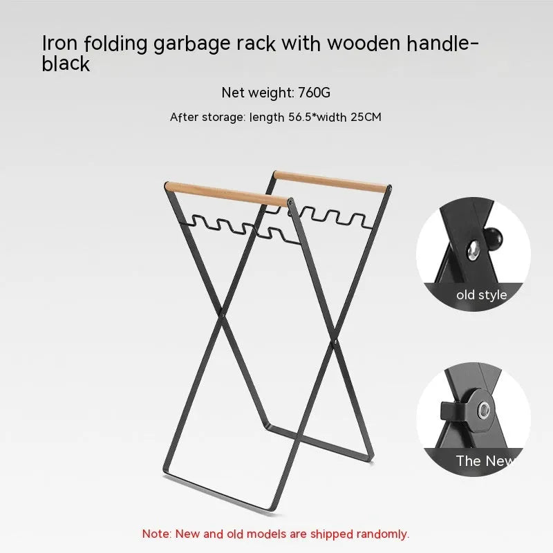 Outdoor iron folding trash rack with wooden handle holding rubbish sack