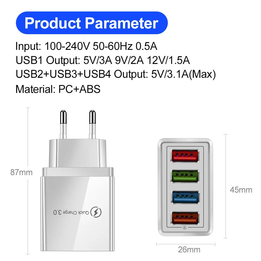 Intelligent 3A mobile phone charging head with luminous indicators showing four USB ports