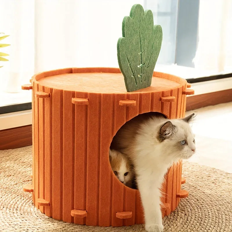 Soft felt cat tunnel bed in semi-enclosed design showing interior space