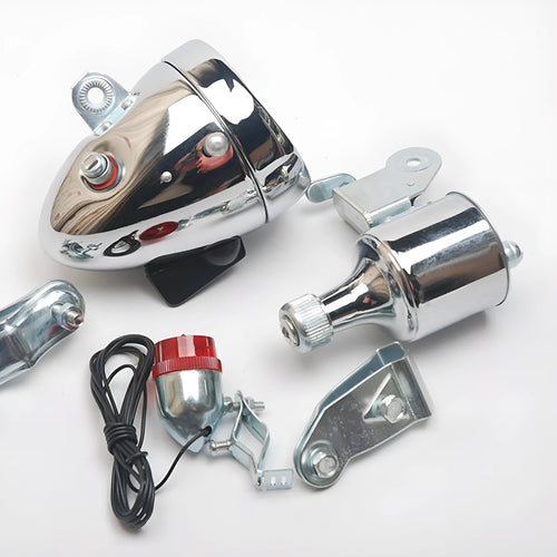 Silver bicycle dynamo-powered generator light with friction drive for front and rear lighting