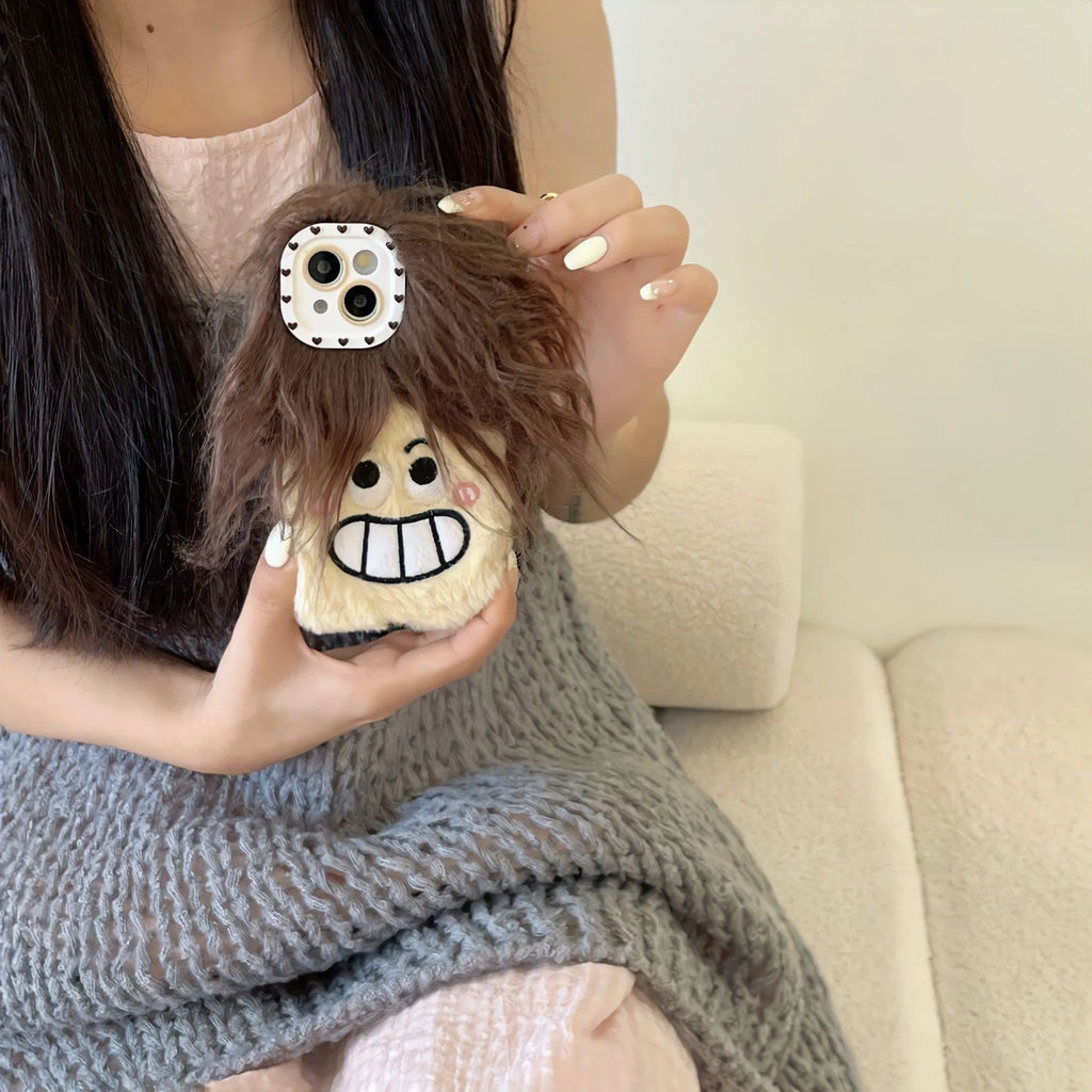 Plush long hair giggle boy smirk phone case for iPhone, cartoon furry fall protection cover, colour matching