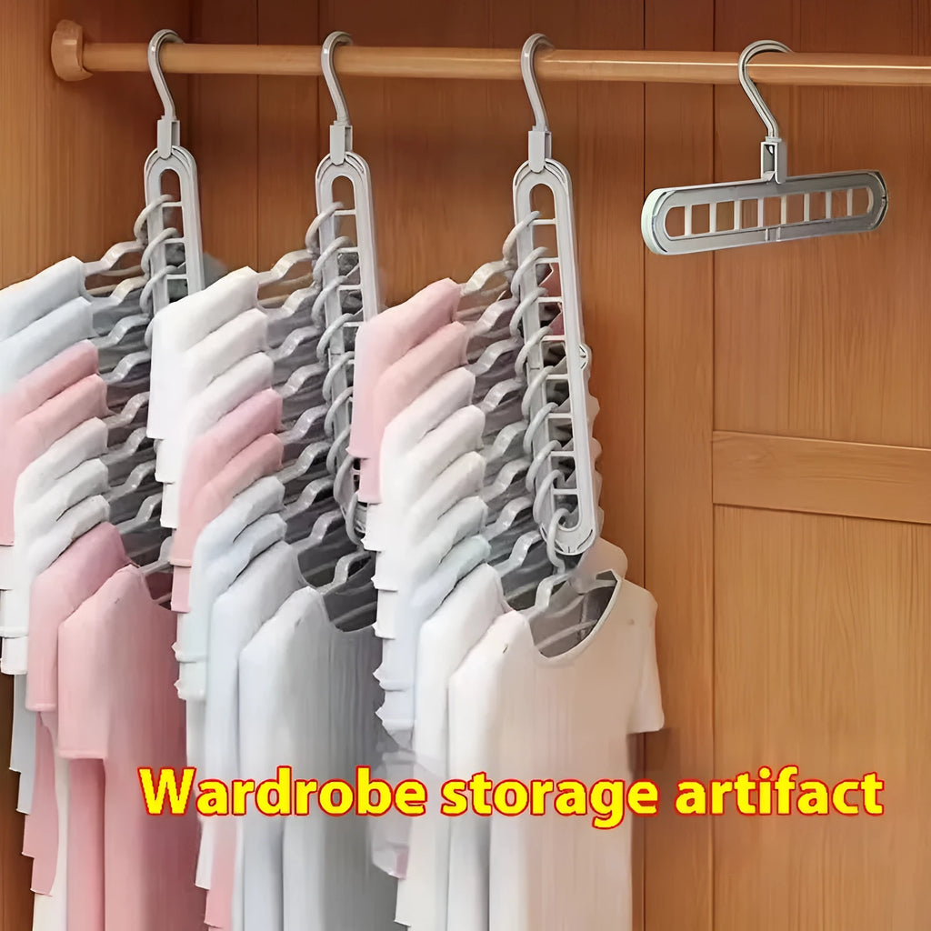 Green nine-hole plastic folding hanger for trousers and skirts showing multiple garment hanging points