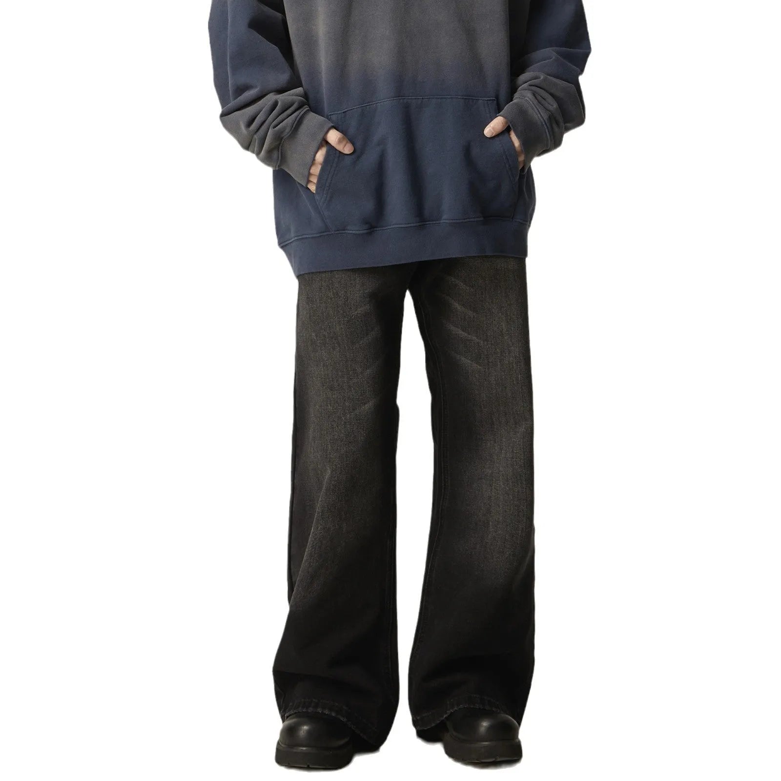 Black loose straight-leg jeans with a retro light wash and zip fly closure laid flat.