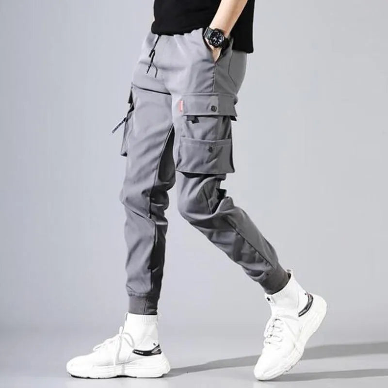 Men's ice silk casual overalls sports jumpsuit in black, dark grey, and light grey, sizes S to 5XL