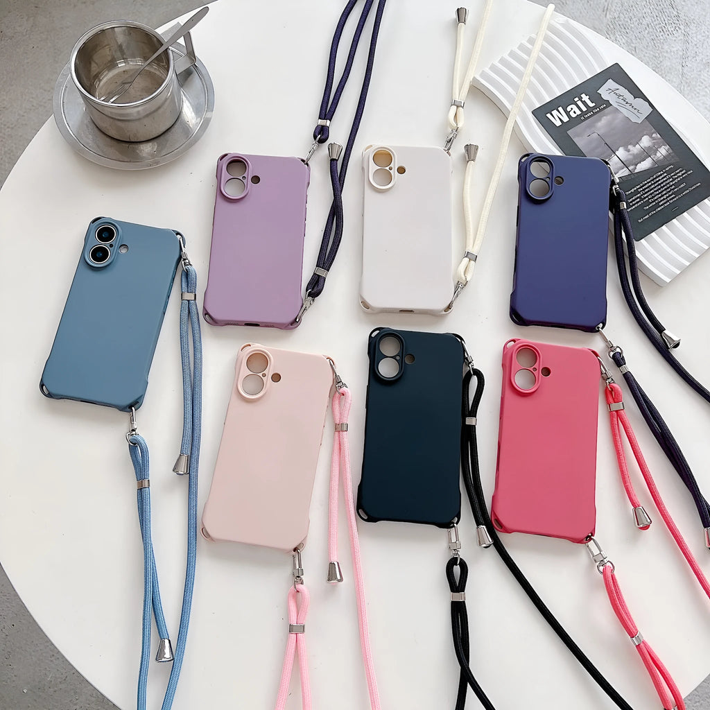 Four-corner cross lanyard liquid silicone iPhone case in black, antique white, pink, Camellia red, cobalt blue, Primrose purple or dark purple
