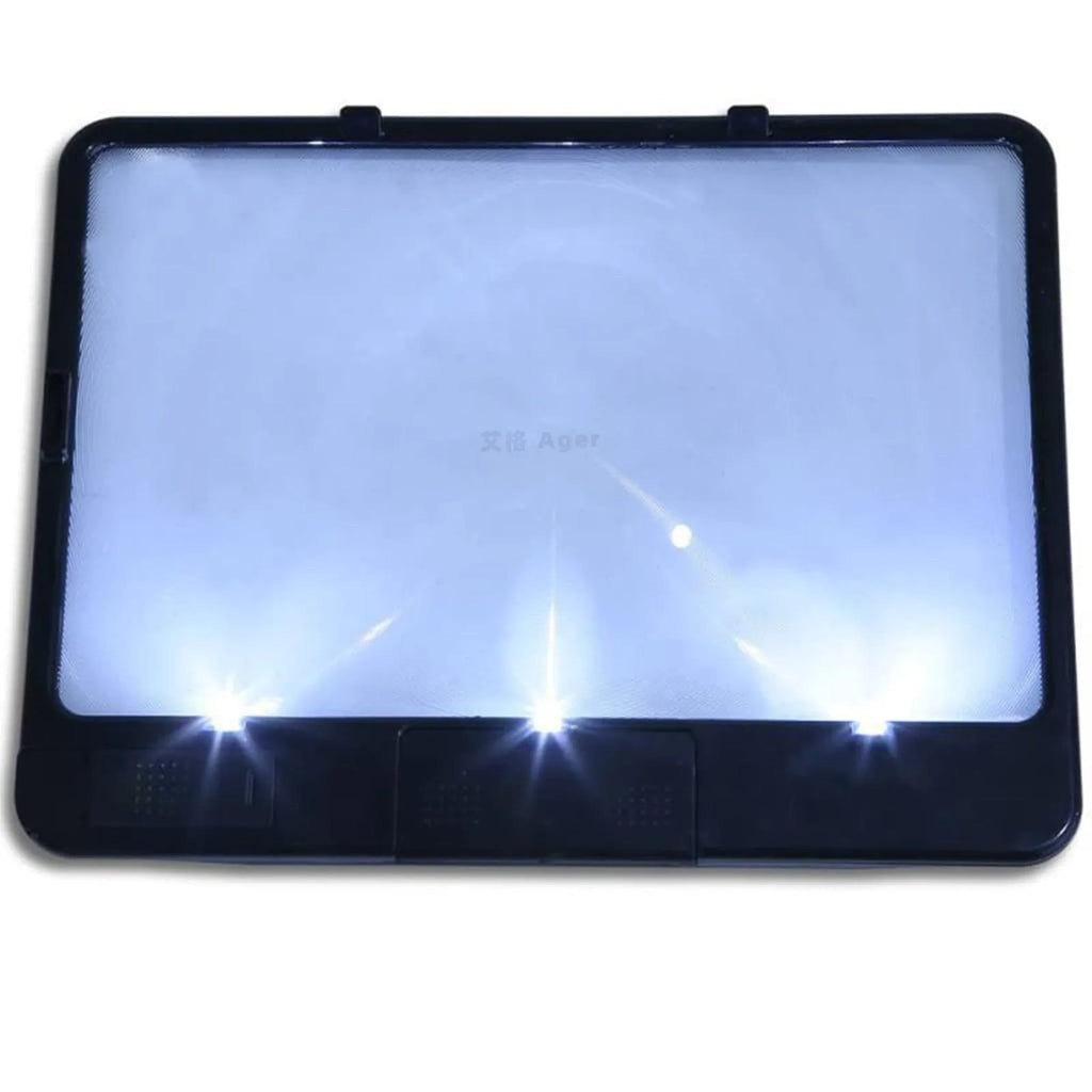 Black handheld magnifying glass with 3 LED lights and 180x140mm PVC lens for 3X magnification reading