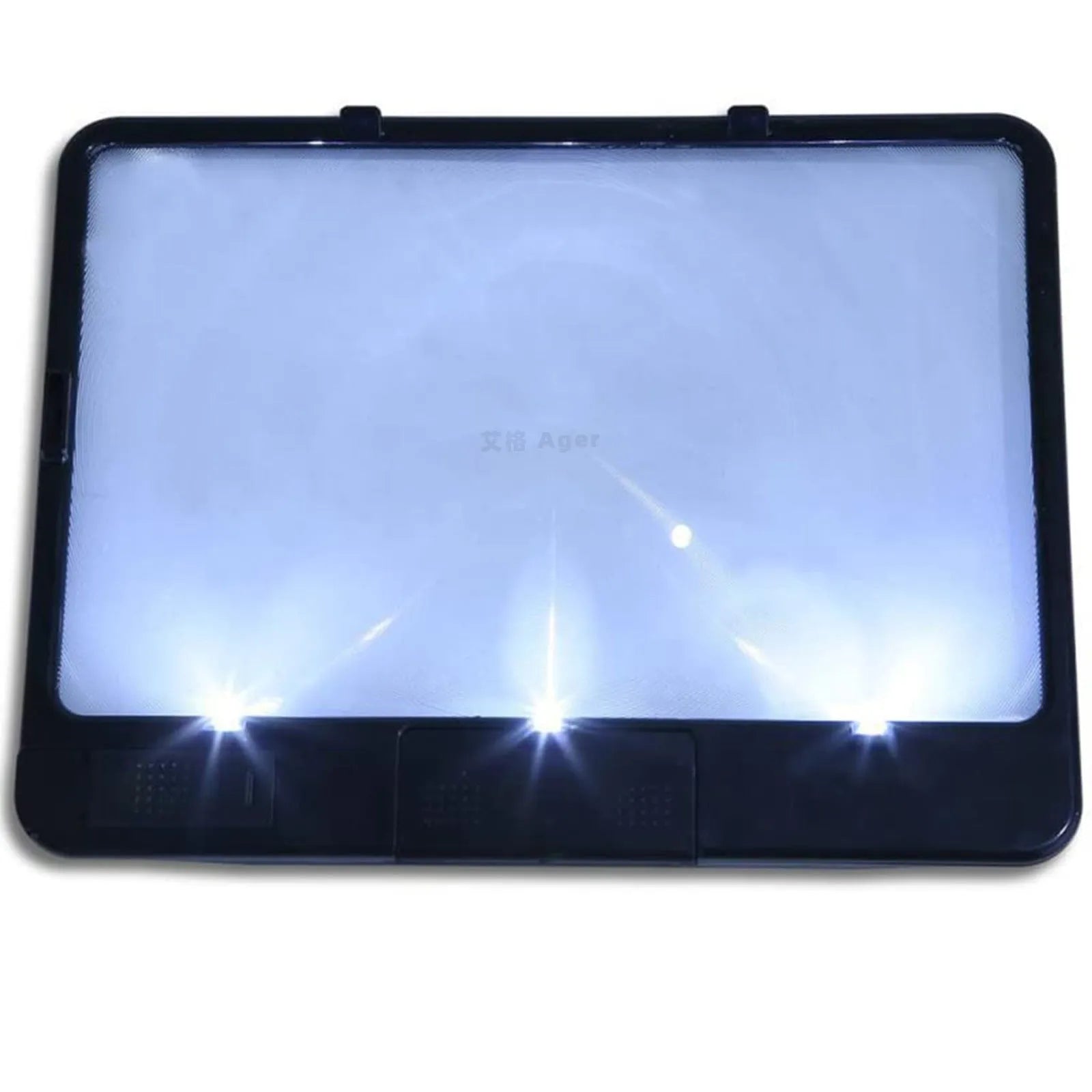 Black handheld magnifying glass with 3 LED lights and 180x140mm PVC lens for 3X magnification reading