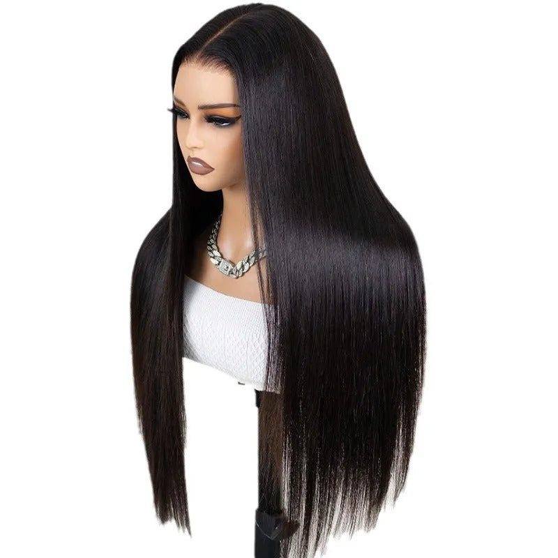 A straight, black, human hair lace front wig with a natural hairline on a 13x6 inch base.