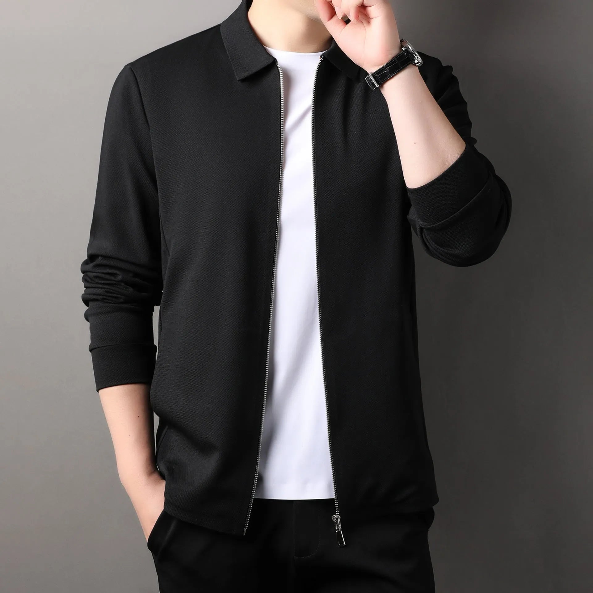 Men's polyester casual business jacket in black, dark grey or apricot with long sleeves