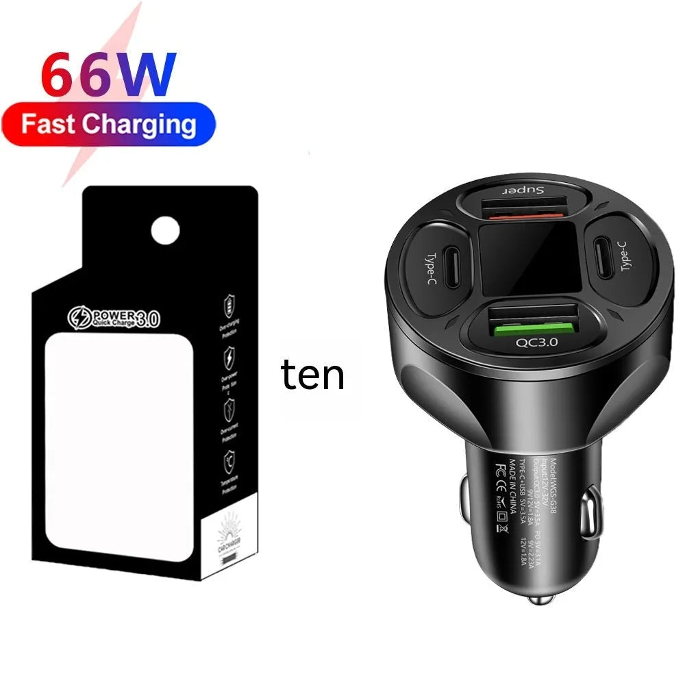 66W dual USB and dual Type-C car charger with digital display showing voltage reading