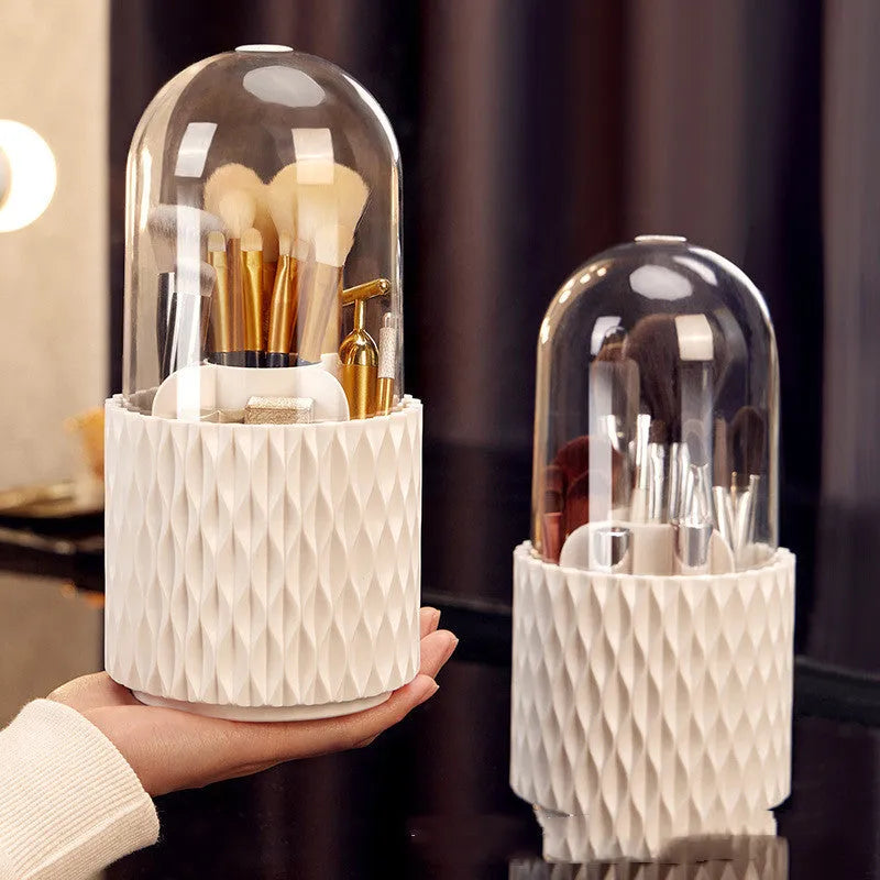 White rotating acrylic makeup brush storage box with transparent sides and dustproof lid