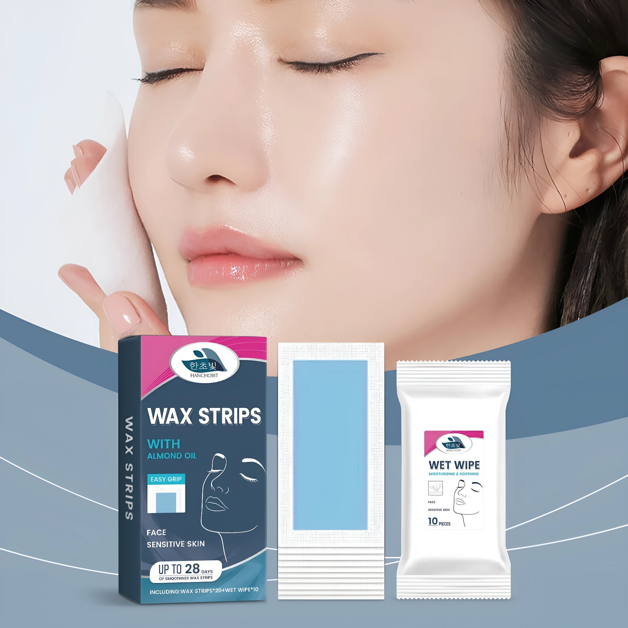 HANCHOBIT facial hair removal wax strips kit with 20 wax paper strips and 10 wet wipes