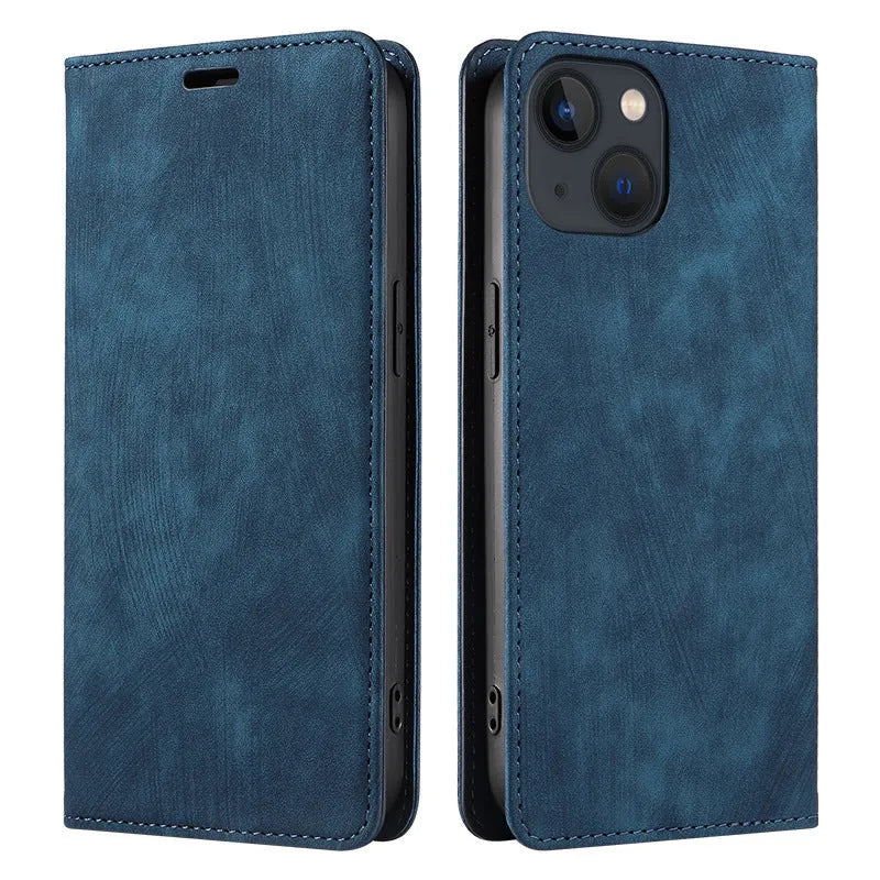 Magnetic flip phone case for iPhone in leather and TPU, shown closed and open with cards in slots.