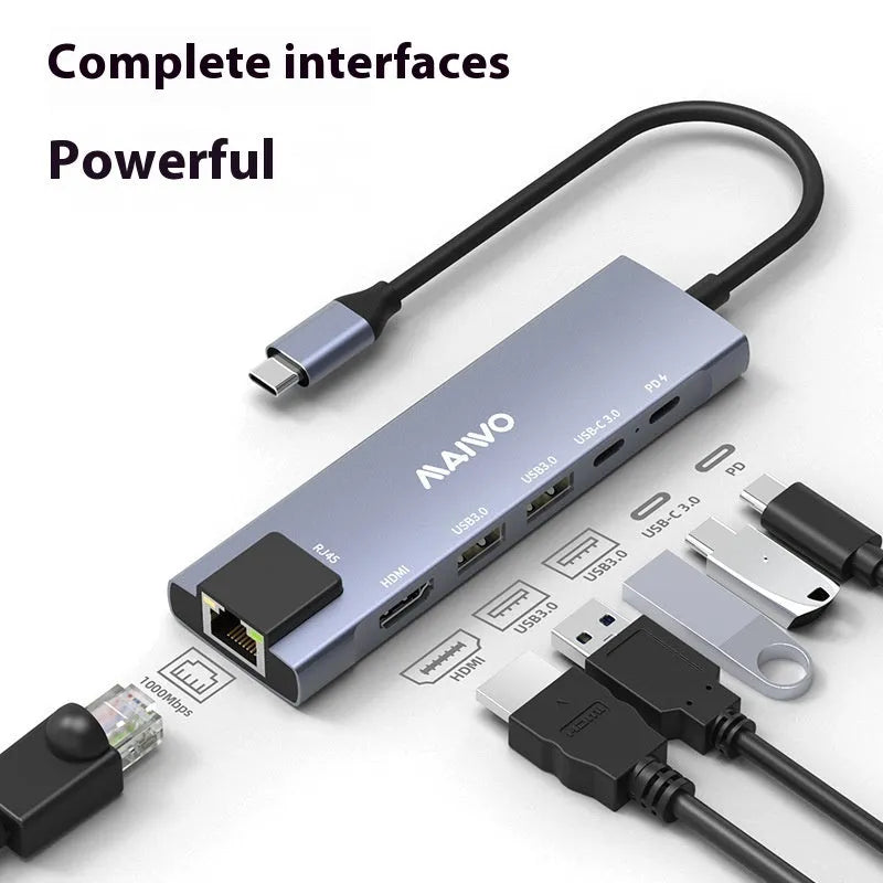Aluminium six-in-one Steam Deck docking station showing USB, HDMI, and Ethernet ports.