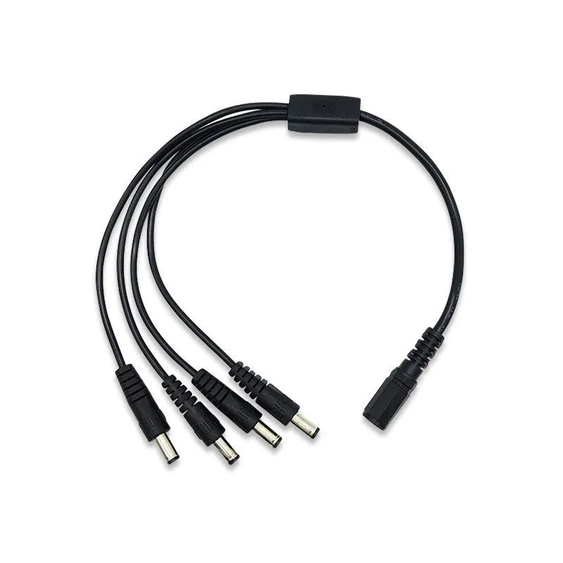 Black 12V monitoring power cord with DC one-in-four interface for security cameras, 0.39m length with 5.5mm connectors