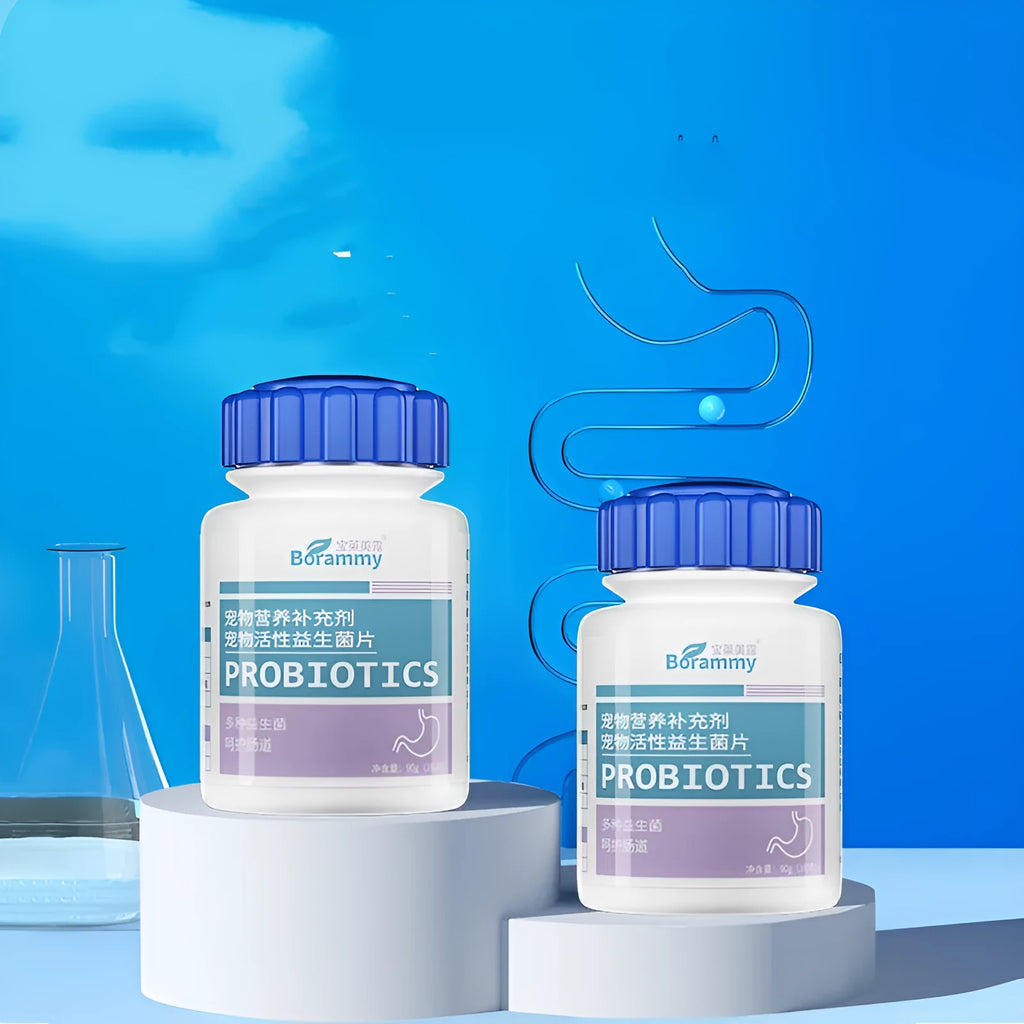 Bottle of 180 pet probiotic tablets for dog and cat digestive health support.