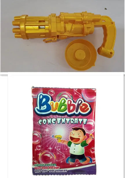 Kids pink bubble machine gun toy with leaf blower design on green grass