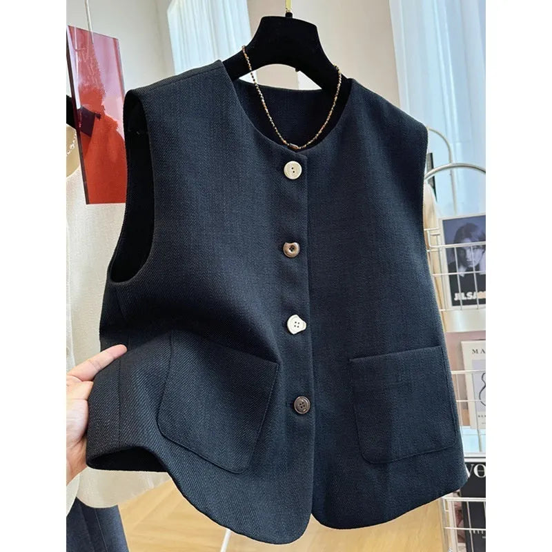 Women's French style round neck bandage vest in polyester fabric, available in milky white and black colours