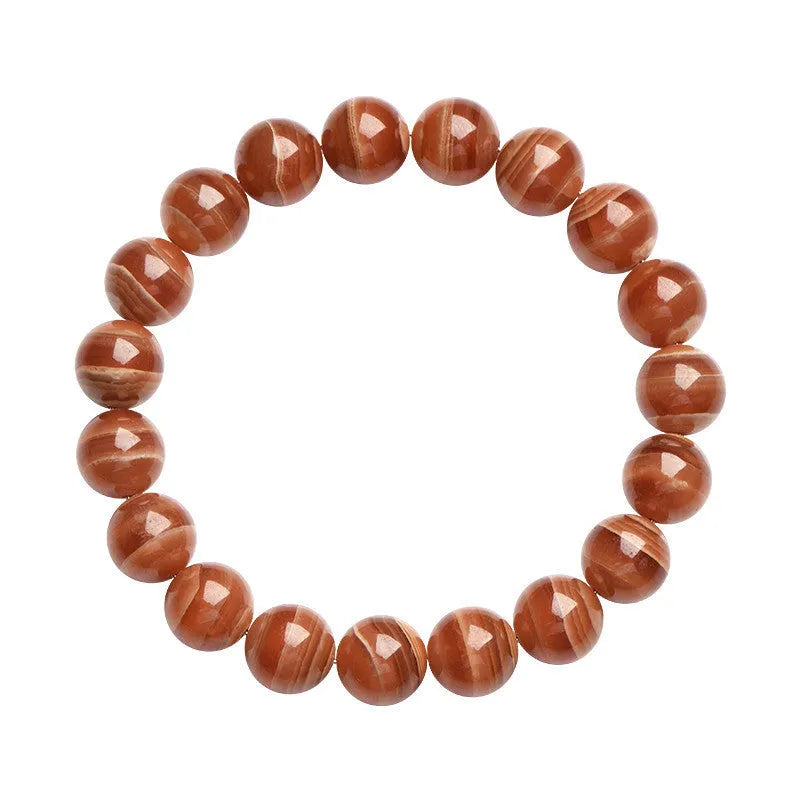 Natural Old Mine Rhodochrosite round bead bracelet with Ruyi element, shown in 6mm and 8mm sizes.