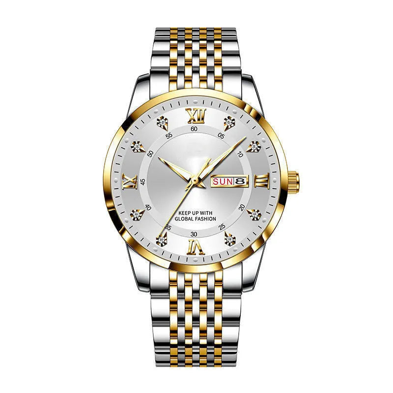 Men's quartz calendar week display watch with luminous dial, 42mm alloy case, stainless steel buckle, intergold colour